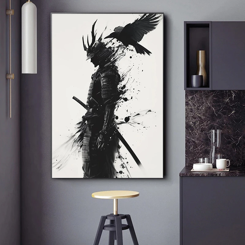 Black and White Japanese Black Samurai Man with Crow Posters and Print Wall Art Canvas Painting for Living Room Cuadros Decor