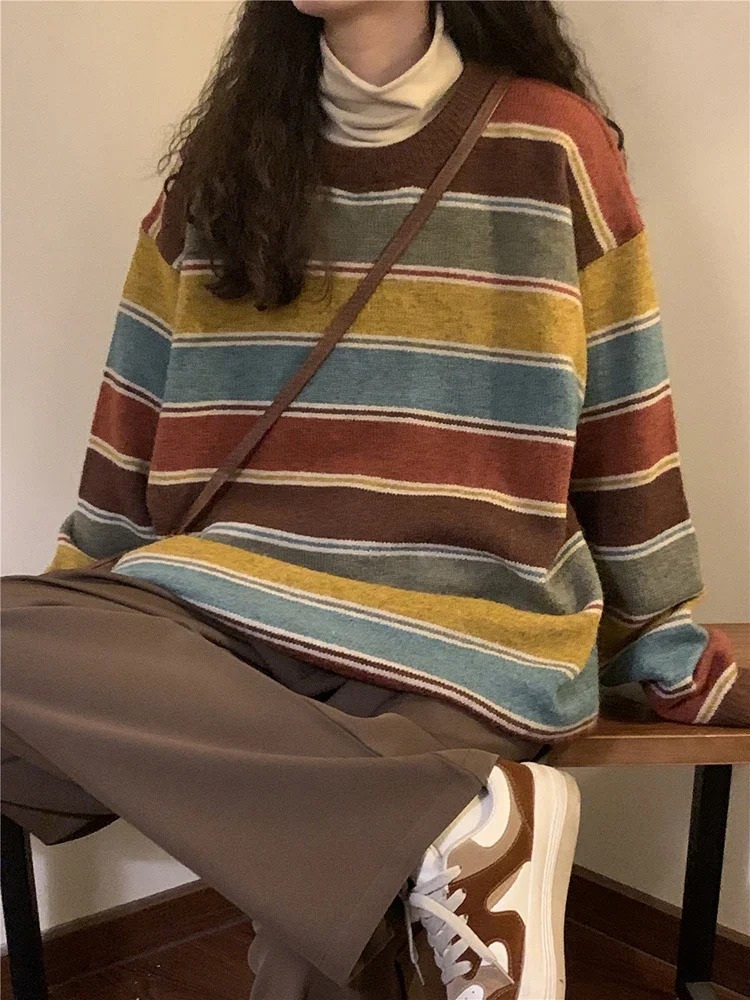 

Zoki Japan Retro Bf Striped Sweater Harajuke Streetwear Oversize Knitted Pullover Fall Winter Casual Preppy Style Vintage Tops
