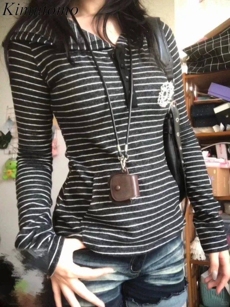 

Kimutomo Striped T Shirts Women Hooded Long Sleeve Slim Autumn New Fashion Y2k Aesthetic Harajuku Tops Slim Grunge Tee Ladies
