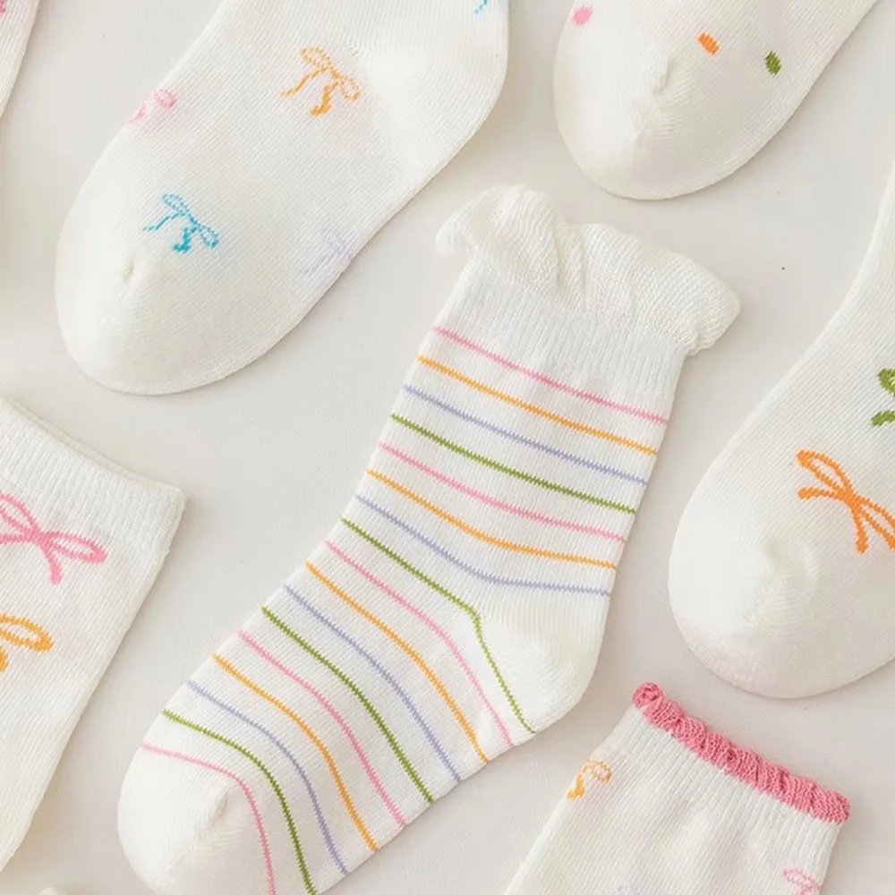 5 Pair Set Ruffle Bowknot Baby Socks Cotton Soft Elastic Girls Ankle Socks Print Pattern Breathable Children Sports Socks