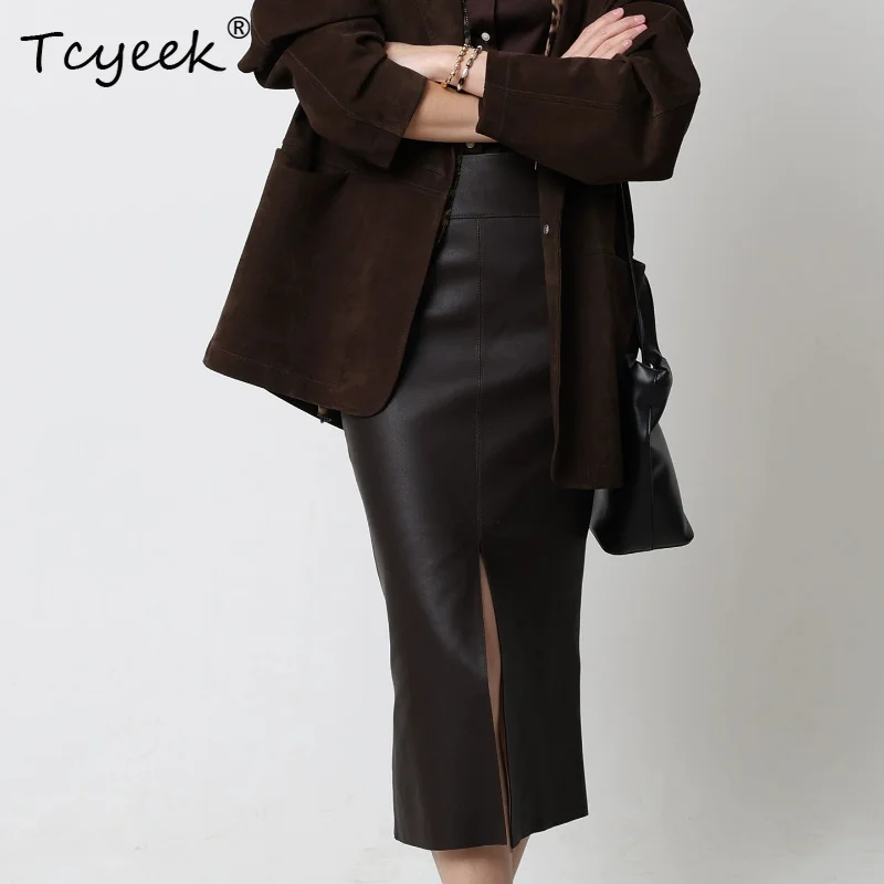 Tcyeek Genuine Leather Skirts for Women Elegant Sheepskin Women's skirt Fashion Long Skirts Slim Fit Clothing Falda Aesthetic