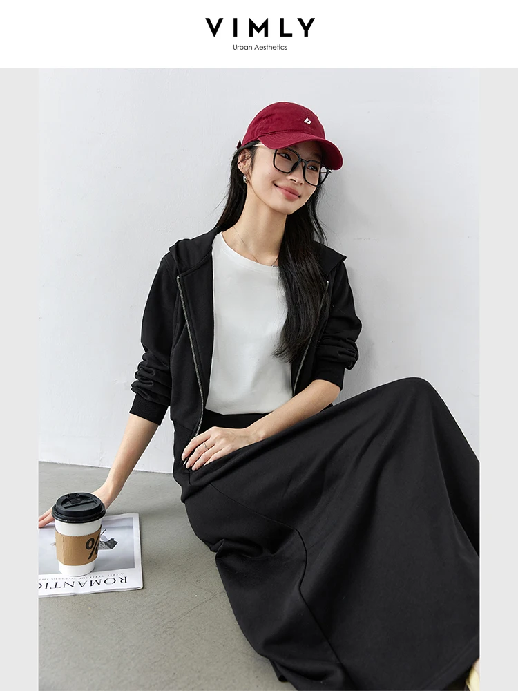 VIMLY Women\'s Office Lady Skirt Set 2026 Spring Simple Casual Hooded Cardigans Coat+Straight Long Skirt Sporty Two Piece Sets