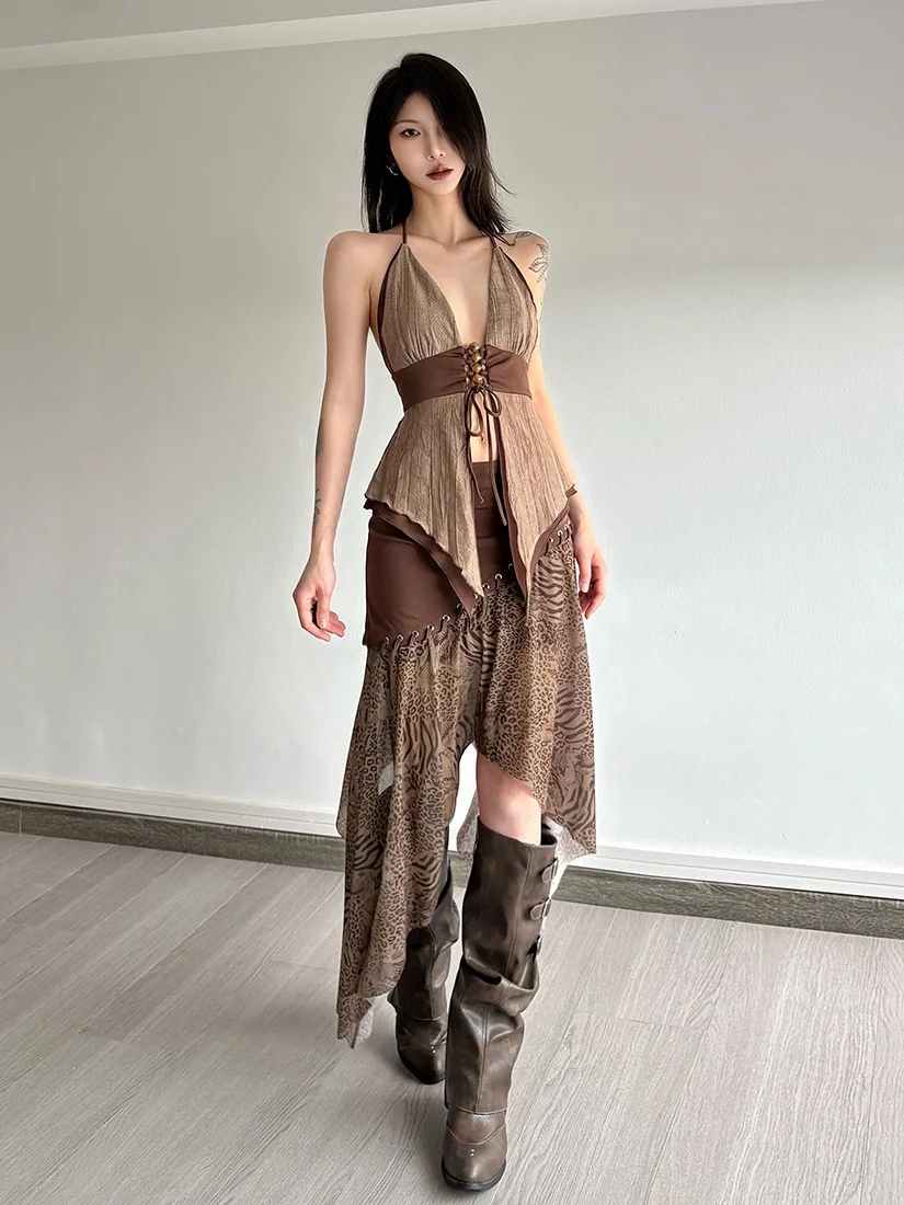 

Sisjuly Summer Women's Long Skirt Set Lightweight Sheer V-Neck Strap Design Split Bohemian Style Fashionable Two-Piece Outfit