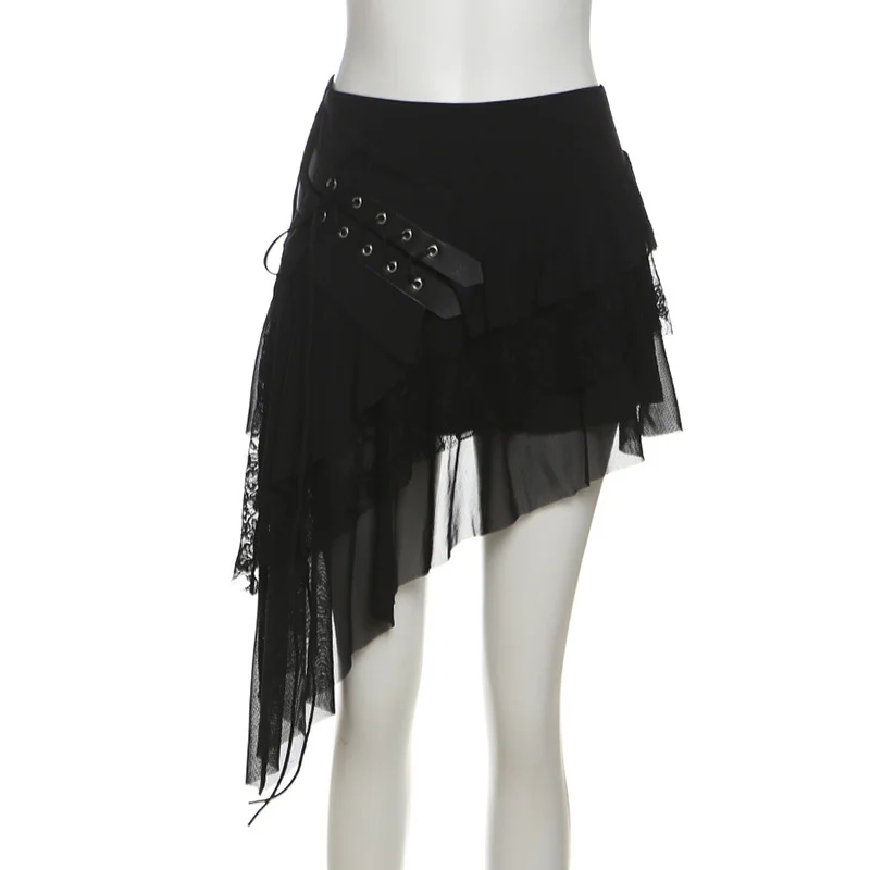 Black Lace Up Irregular Skirt Woman High Waist Mini Skirt Girls Sexy Short Skirts Summer Women Clothes Fashion Streetwear
