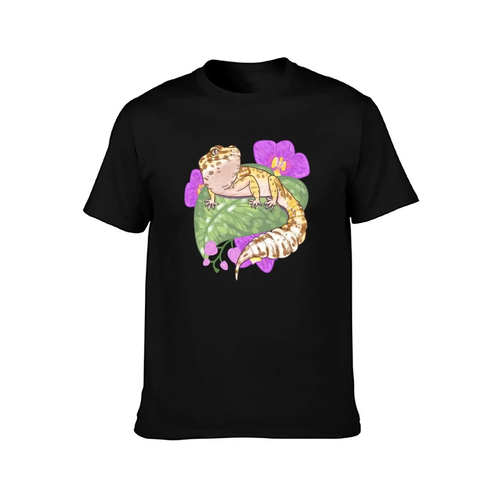 Leopard Gecko with Orchids T-Shirt graphic tee shirt baggy shirts summer top boys animal print mens graphic t-shirts hip hop