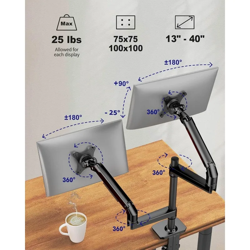 Vertical Dual Monitor Mount with Wide Range of Motion, Dual Monitor Arm for 17-40