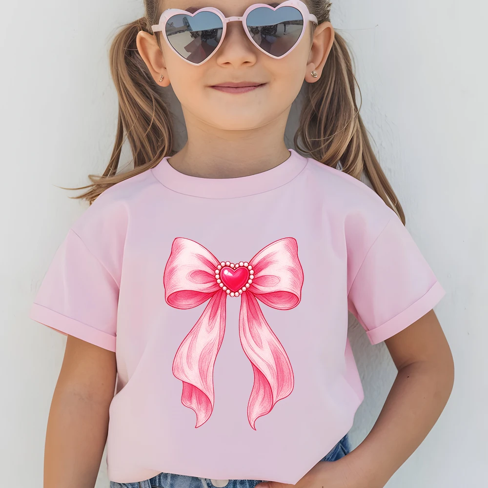 純綿製のかわいい蝶ネクタイ柄Tシャツ、子供用アウター、女の子へのプレゼント、柔らかいTシャツ、アウトドア用Oネック半袖 1