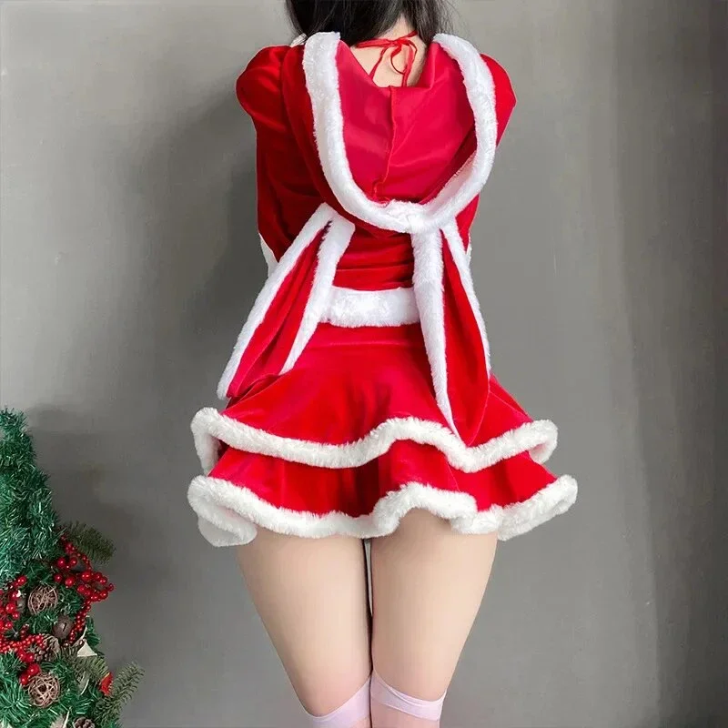 Velvet Christmas Dress Woman Red Bunny Girl Uniform Sexy Lingerie Halloween Xmas Party Nightclub Dance Performance Dress Set