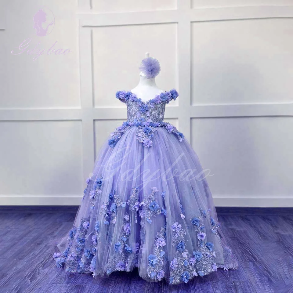 Vestidos de niña de flores con apliques de color rosa y morado para boda, tul hinchado de lujo, fiesta de cumpleaños para niños, vestidos de baile de princesa, vestido de desfile