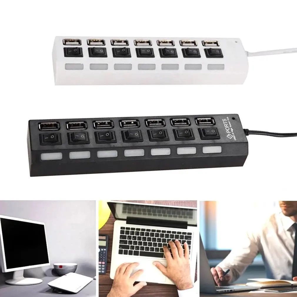 7 Ports USB HUB 2.0 3.0 High Speed USB Splitter Expander Multi-Port Independent Switch for PC Laptop Mac Windows With LED light