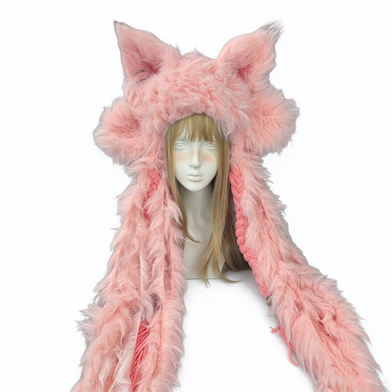 Handmade Pink Viking Wolf Ear Hood Hat Men Winter Warm Custom Crochet Fuzzy Knit Tassel Beanie Women Cosplay Party Festival Caps