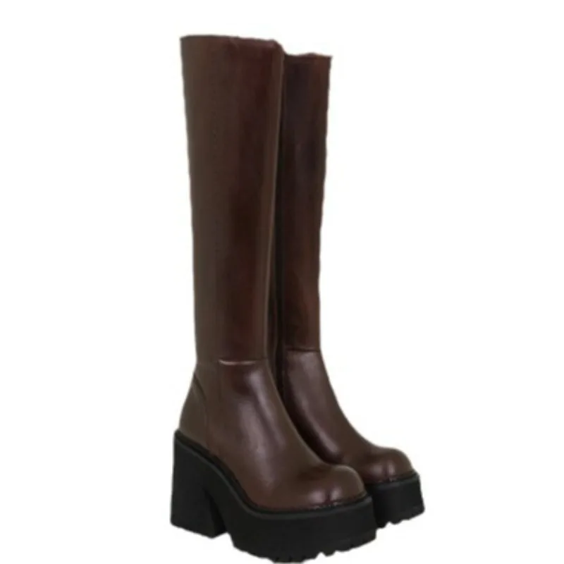

Коричневые женские сапоги до колена на платформе с круглым носком и квадратным каблуком, модные мотоциклетные ботинки на высоком каблуке с боковой молнией, повседневная женская обувь