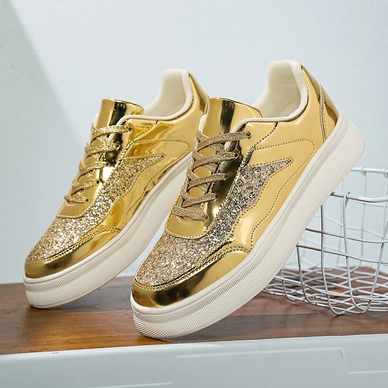 Gouden Luxe Designer Schoenen Voor Mannen Mode Casual Glanzend Heren Skateboard Sneakers Platform Glitter Stijlvolle Dames Sportschoenen