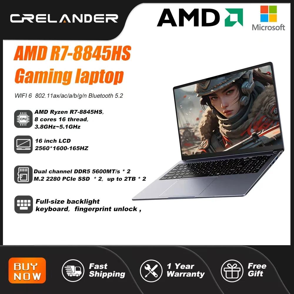 كمبيوتر محمول CRELANDER بمعالج AMD Ryzen 8845HS 8 نوى و16 خيطًا وشاشة LCD مقاس 16 بوصة ودقة 2560*1600-165 هرتز وذاكرة DDR5 وأجهزة كمبيوتر محمولة للألعاب