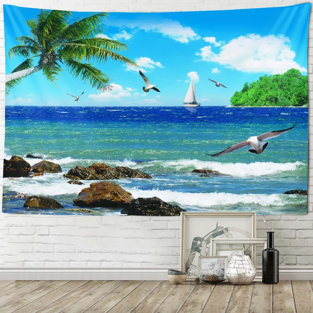 Wandteppich mit Meereslandschaft, bedruckter Wandbehang, Hintergrundstoff für Zuhause, Raumdekorationsteppich, Yoga-Bettlaken, Strandmatte
