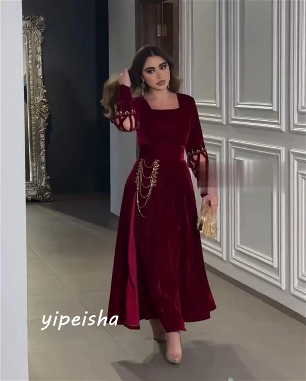 Customized Women Prom Available Square A-line Formal Ocassion Gown Tassel Draped Anke length Satin Evening Dress فساتين quincean