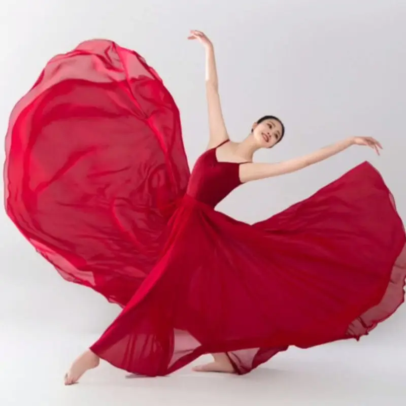 Solid 720 Degree Chiffon Skirt Ballet Belly Dance Single Layer Large Swing Gypsy Long Skirts Dancer Practice Wear Dance Skirt