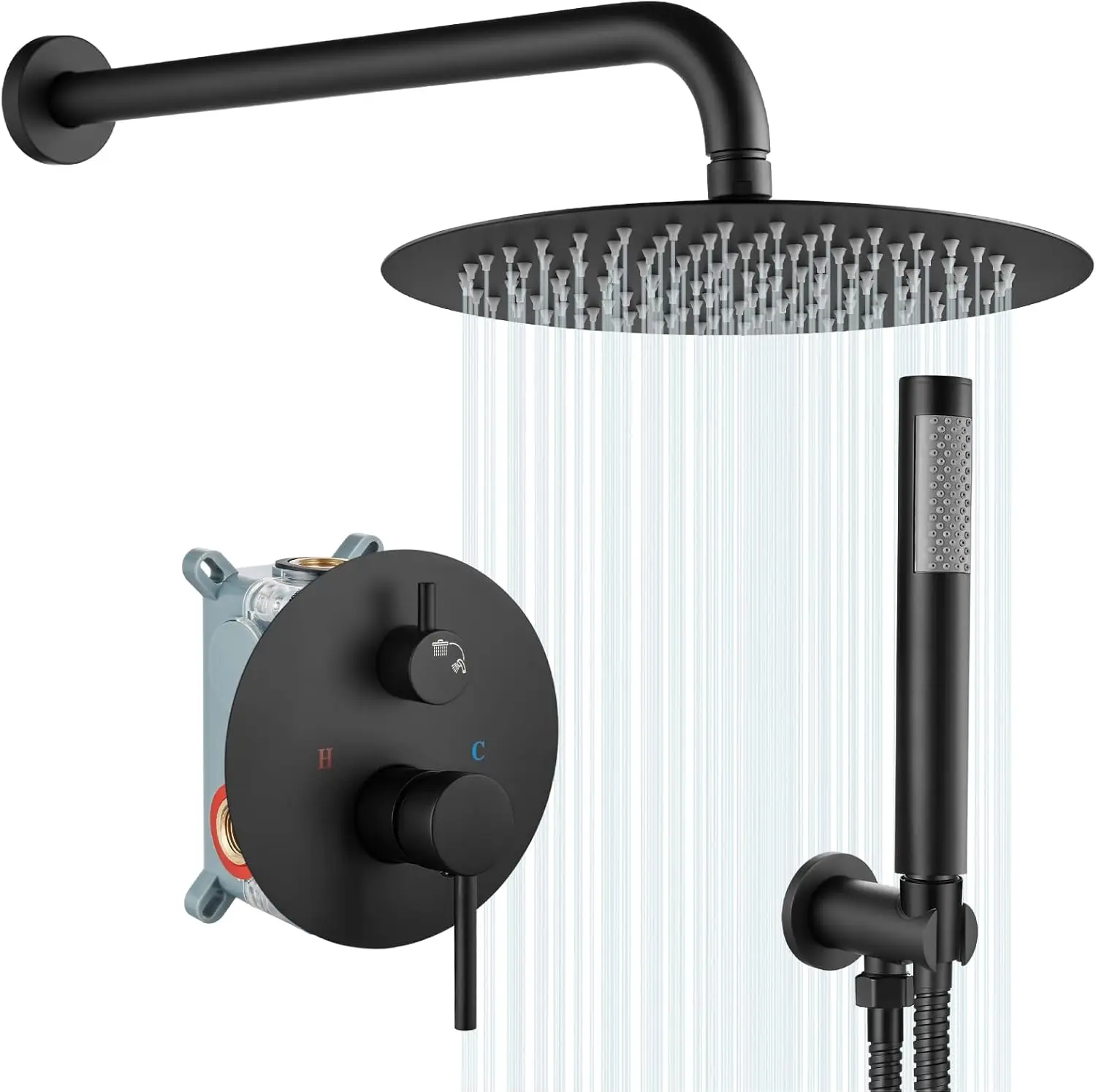 

10 Inch Round Rainfall Showerhead with Handheld Spray, High Pressure Wall Mounted Shower System, Matte Black