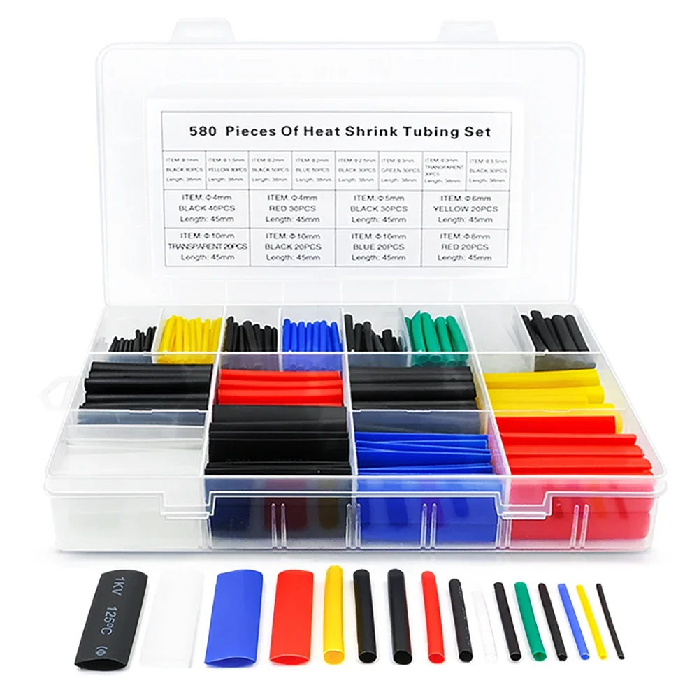 530-580pcs Heat Shrink Tube 2:1 Thermoresistant Tubing Heat Shrink Wrapping Kit Electrical Wire Cable Insulation Sleeving 1 Set