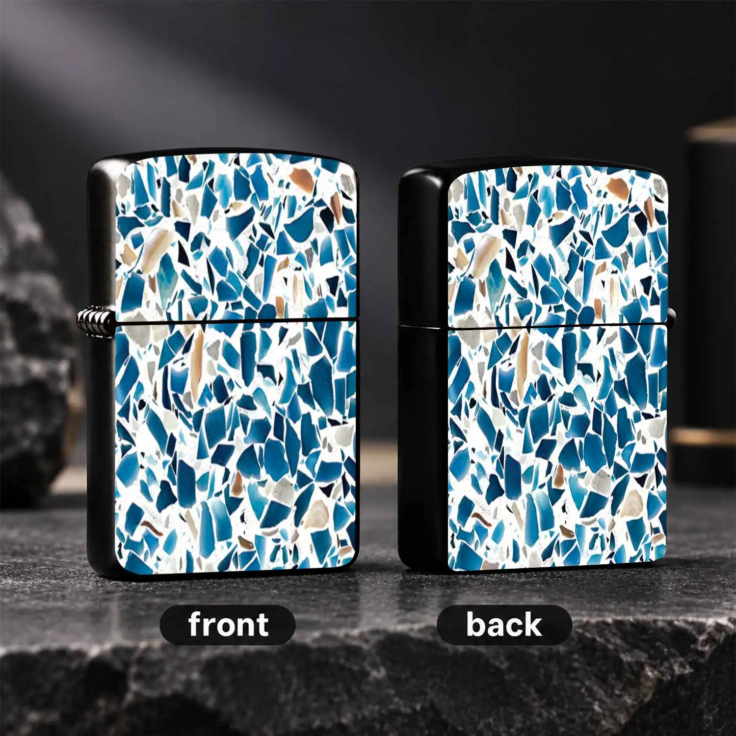 Creative Terrazzo Texture Lighter With Mosaic Blue Fragmented Shell Pattern, Portable Versatile Igniter For Daily Travel Outdoor Gathering Home Use, Stylish Artistic Practical Daily Carry Item Suitable For All Scenarios A Humorous And Inter
