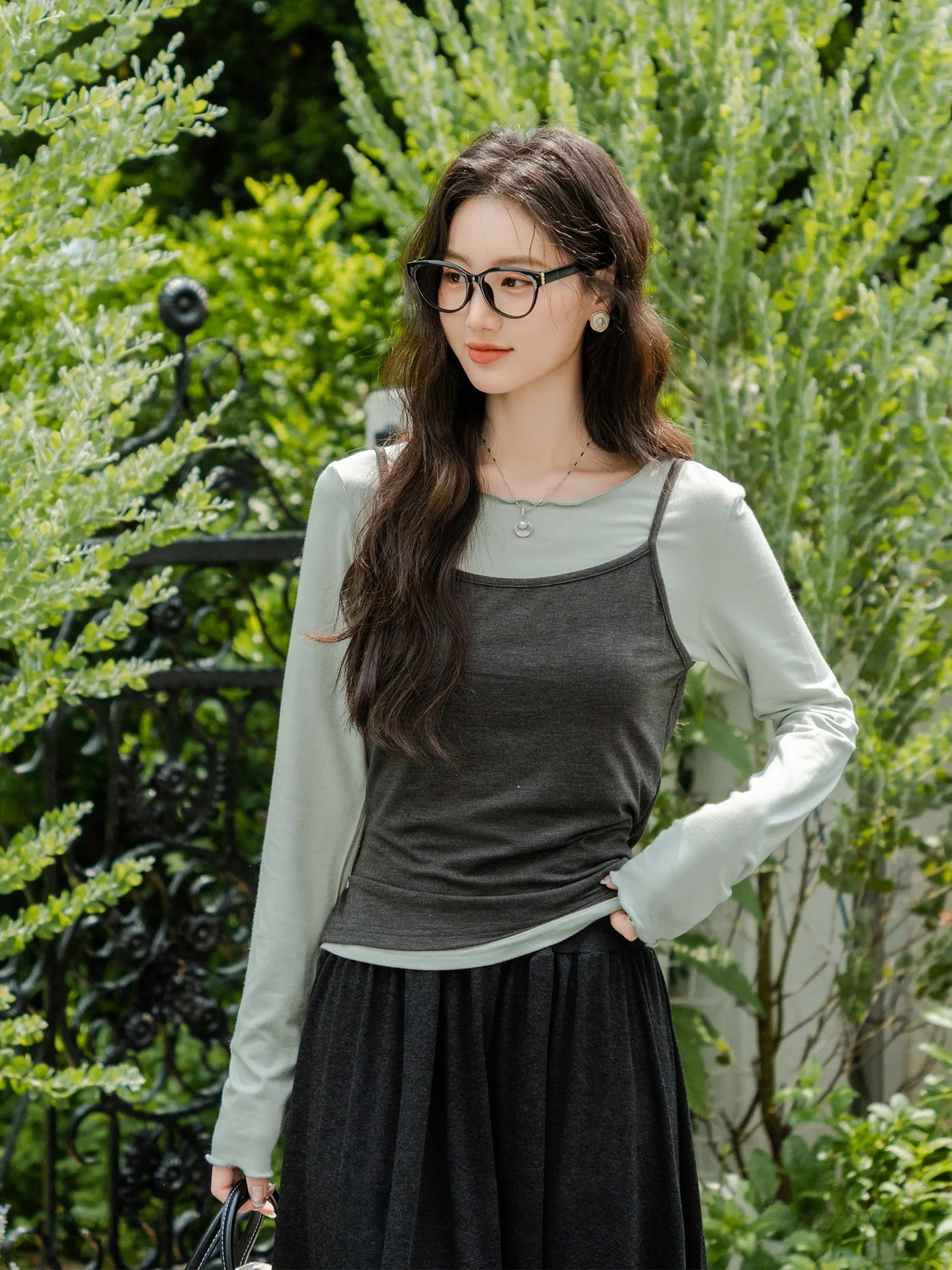 

een Long Sve Women's T-irt Set Beautiful Branch Rollover Top Quali Early Autumn Layering Tank Top Two-Piece Set