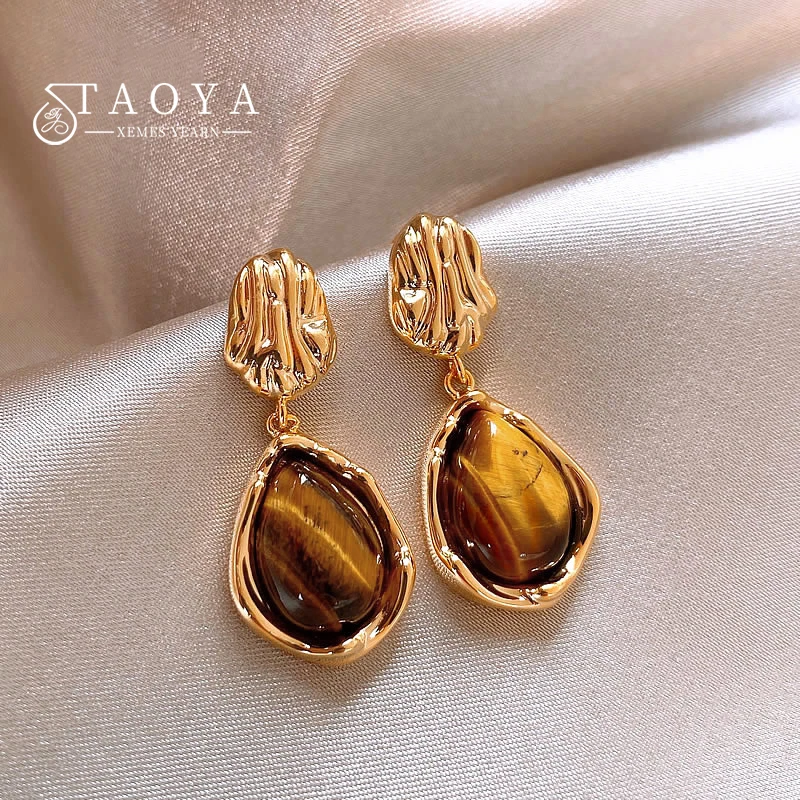 Mirad Waterdrop Tiger Eye Stone Pendant Vintage Earrings 2025 Autumn/Winter Trendy Jewelry Unusual Ear Accessories for Women