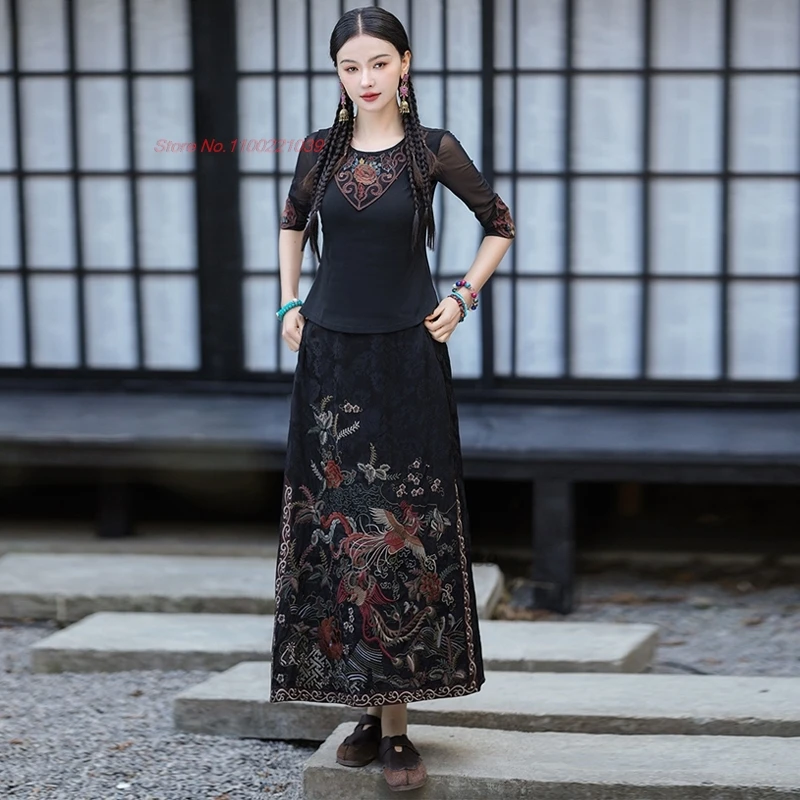 2024 Cina rok ditingkatkan bunga nasional bordir etnik jacquard rok oriental vintage a-line pinggang elastis rok Rakyat