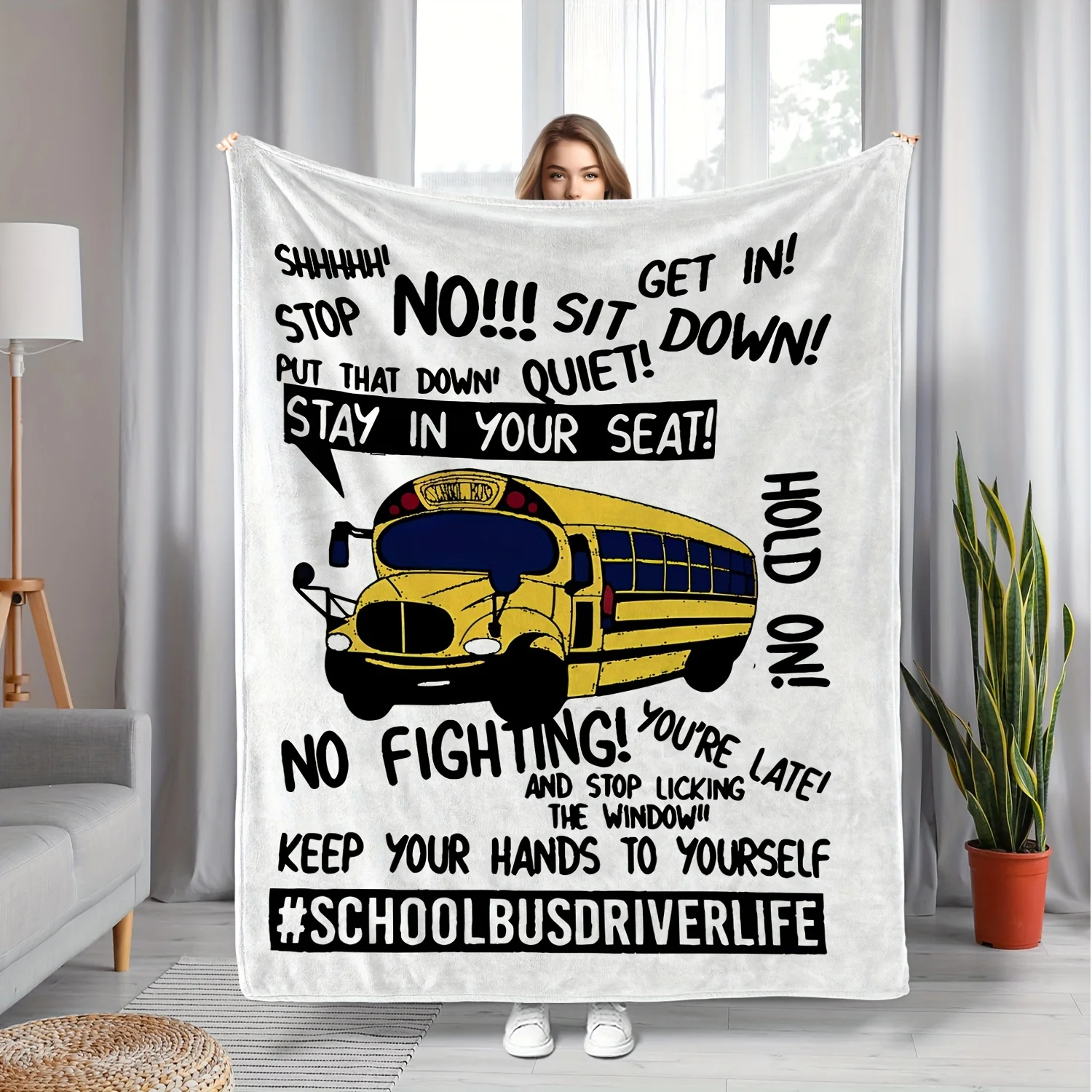 Contemporary Flannel Bed Blanket, School Bus Driver Themed, All-Season Plush Throw with Digital Print, Multipurpose, Soft Warm K