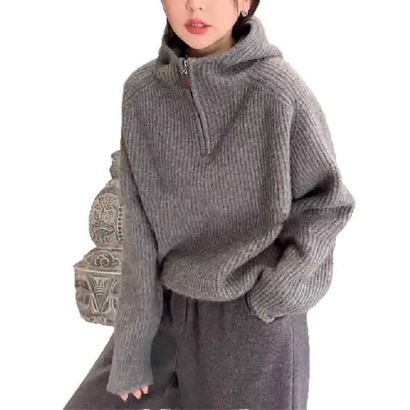 خريف شتاء جديد وصول مريحة أعلى فضفاضة طويلة الأكمام سستة هوديي المرأة محبوك سترة عارضة نمط لون نقي