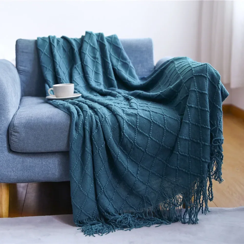 Nordic Vintage Diamond Lattice Knitted Blanket Solid Color Woven Tassel Blanket Soft Cover Bed Home Bedroom Living Room Decor