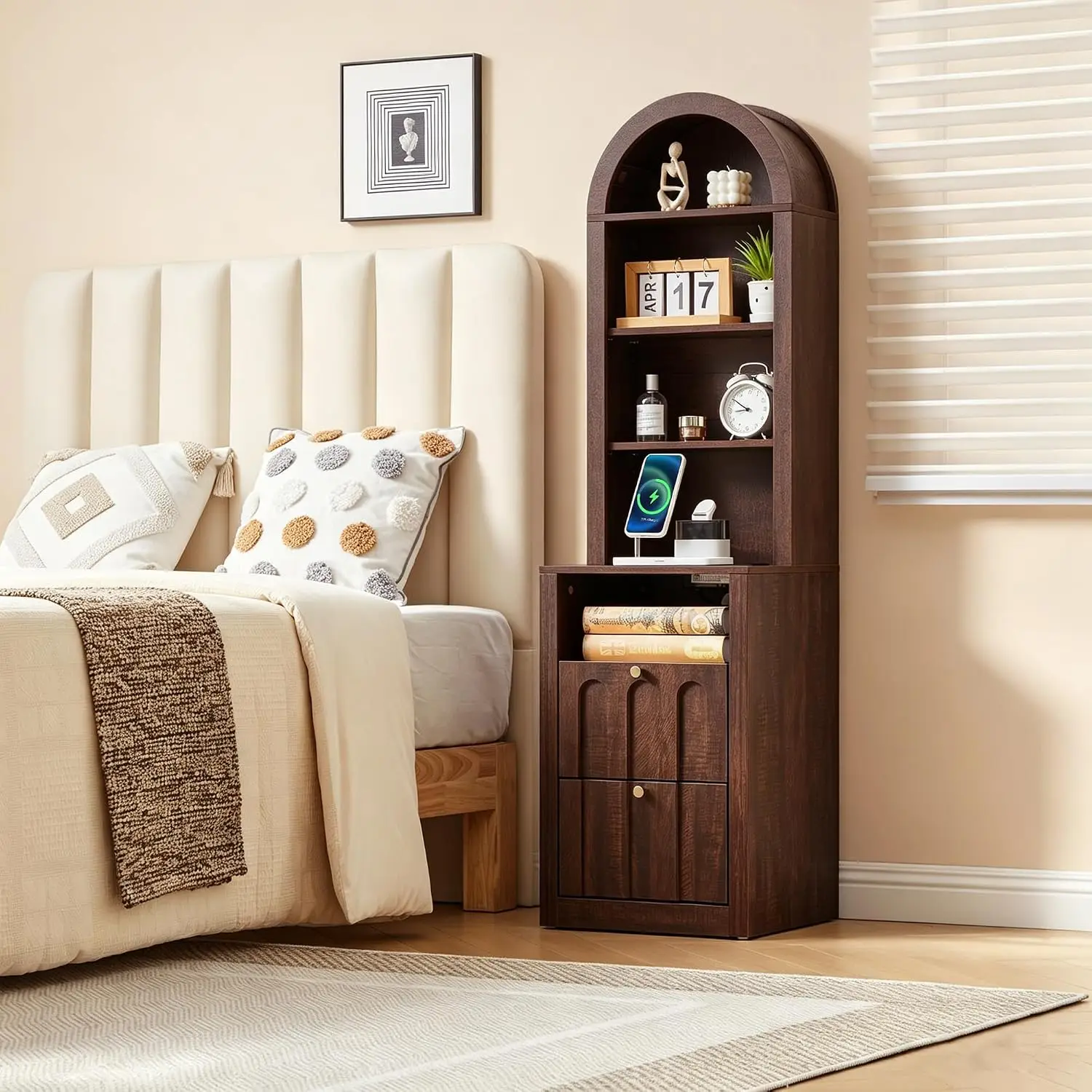 Mid-Century Modern Tall Arched Narrow Nightstand with Charging Station, Customized
