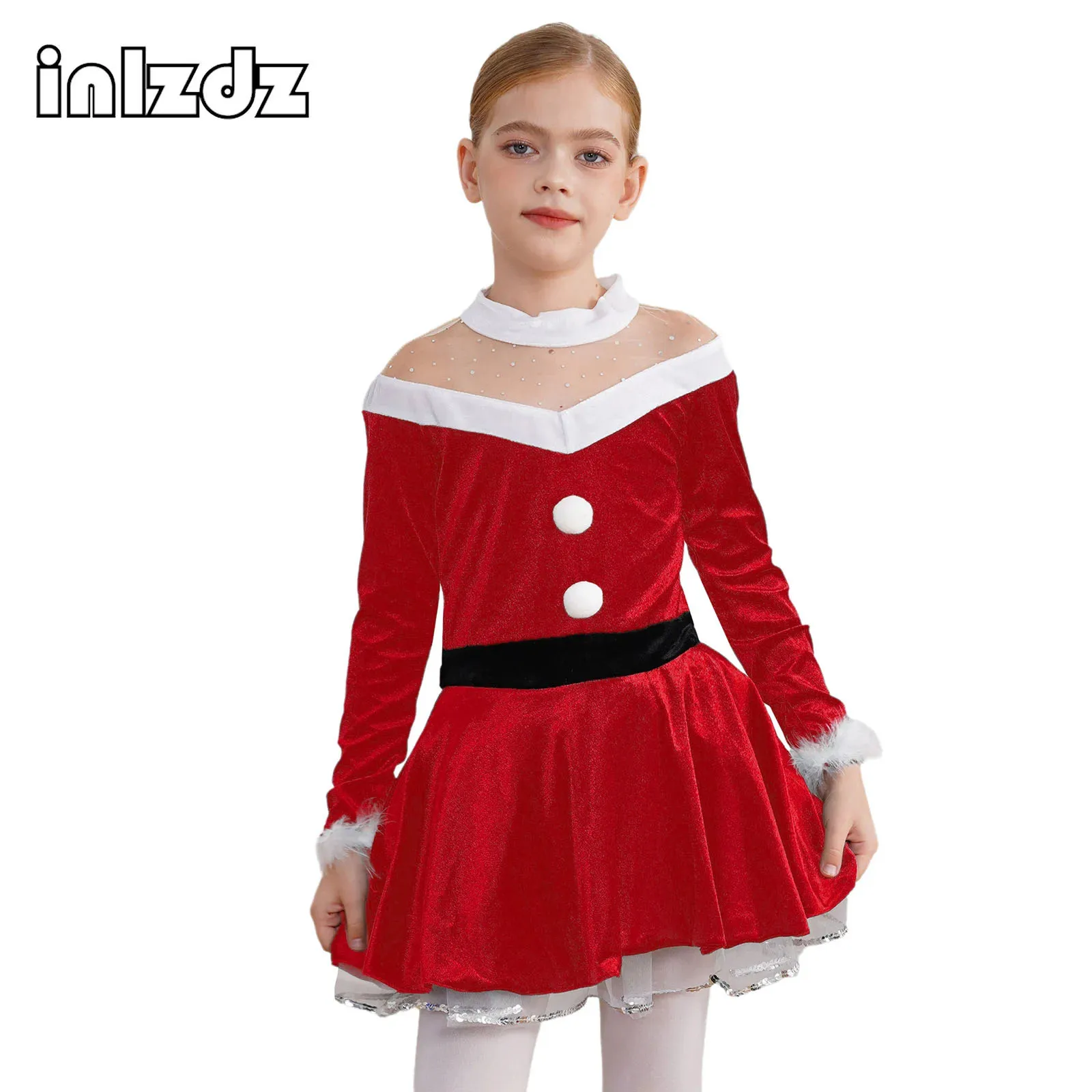 Girls Christmas Santa Sweetie Dance Dress Velvet Long Sleeve Leotard Tutu Ballet Dancewear Figure Skating Performance Costumes