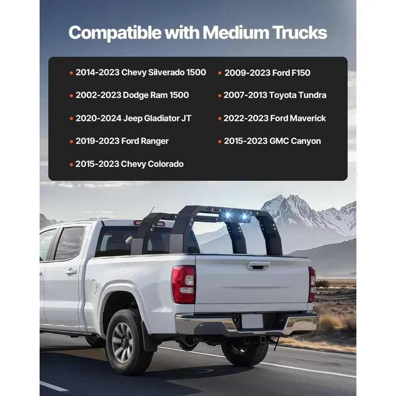 Adjustable Off Road Truck Bed Rack 14.4 to 17 Inch Height Cargo Carrier System with Integrated Safety LED Light Bar for