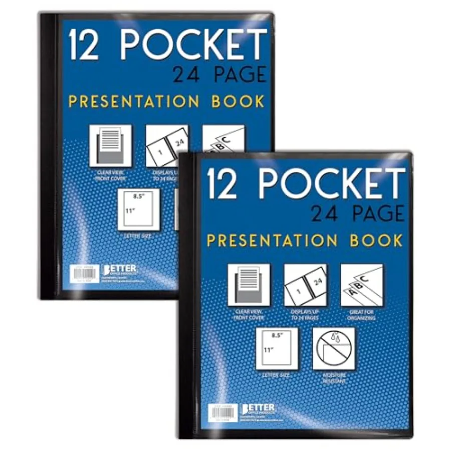 

12 Pocket Bound Presentation Book, Black, Clear View Front Cover, 24 Sheet Protector Pages, 8.5" x 11" Sheets, Art Portfolio, D