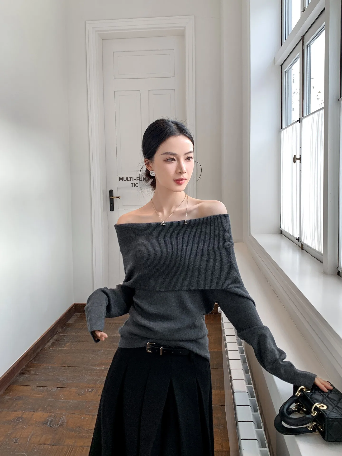 

Binguo Korean Style Knitted Shoulder Bared Women's Top Early Spring One Shoulder Long Sleeve Warm Pure Color Casual Loose Fit