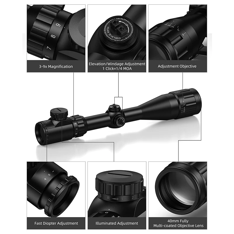 

CVLIFE 3-9X40 Rifle Scope Red Green Illuminated Mid-Dot Reticle Riflescope Optics Sights with 1" Rings for 20mm Picatinny Rail