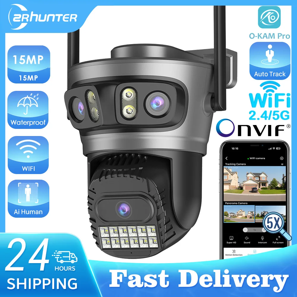 15MP PTZ IP Camera Outdoor 5G Wifi Camera Three Lens 5X Digital Zoom Auto Tracking Human Detection Surveillance Camera O-Kam Pro