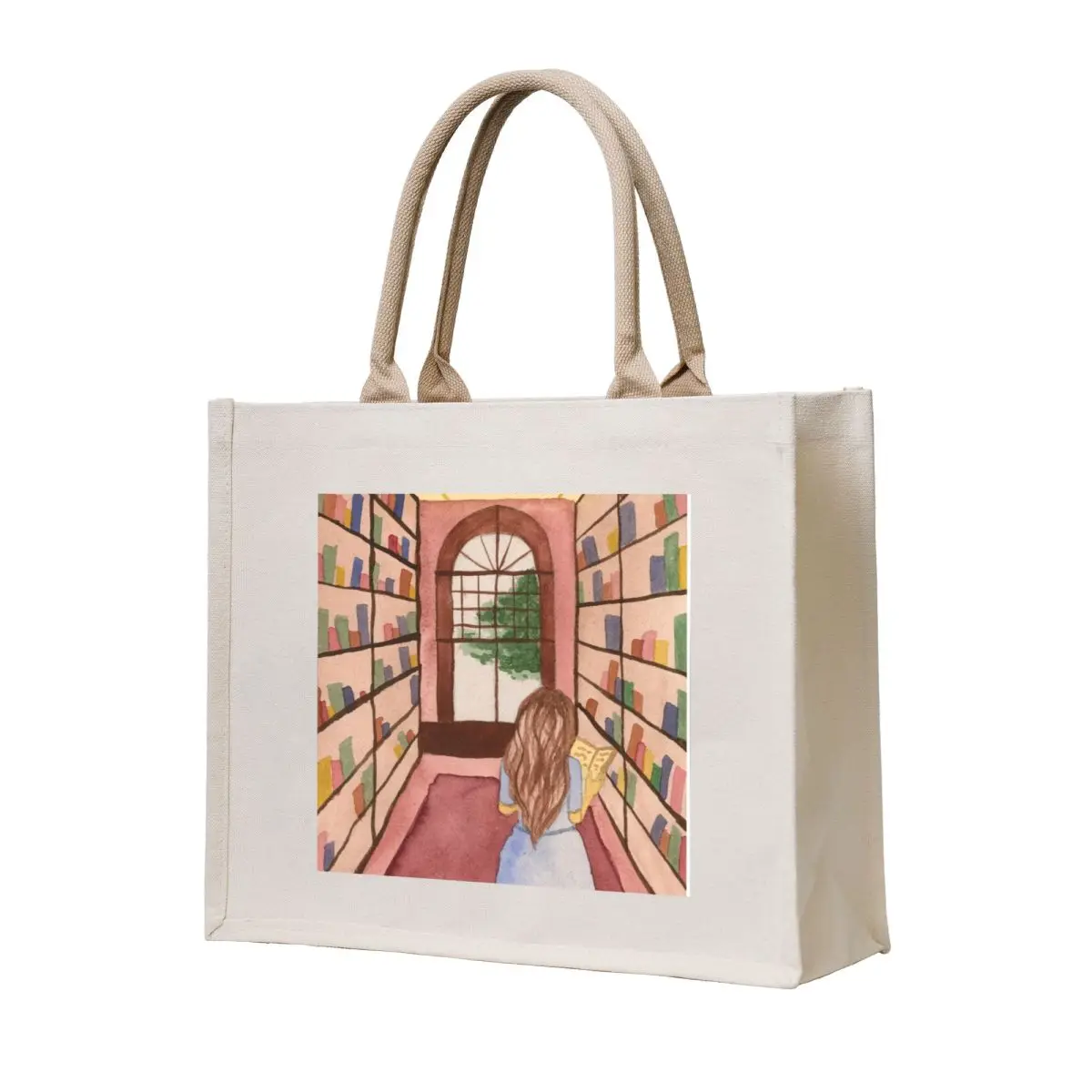 

Watercolor girl browsing in library Tote Bag Lady bags tote bag university handbag Big bag
