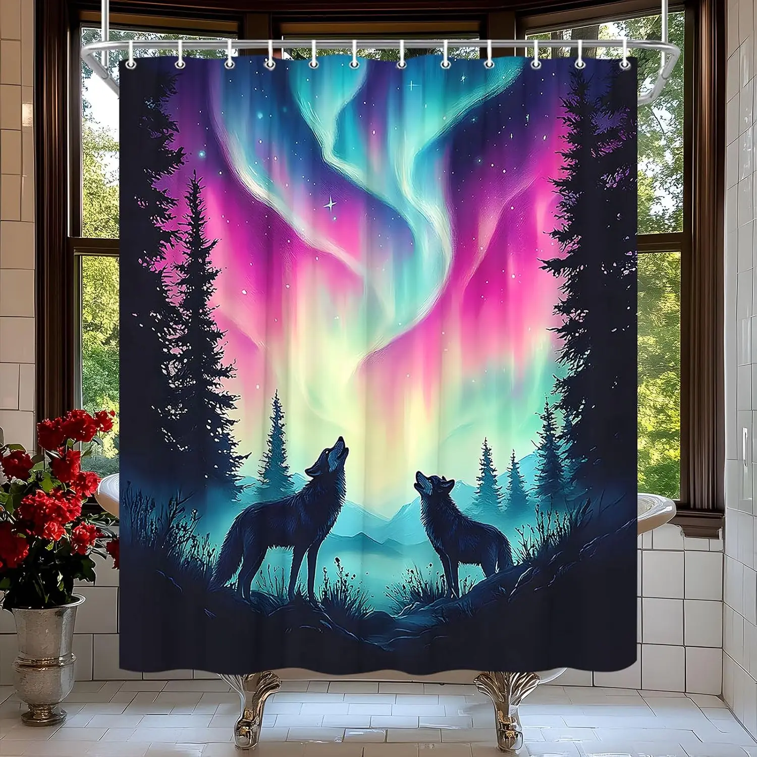 Waterproof Shower Curtain Northern Lights Aurora Borealis Wolf Forest Night Sky Fantasy Decor Bathroom Curtain Liner Best Seller