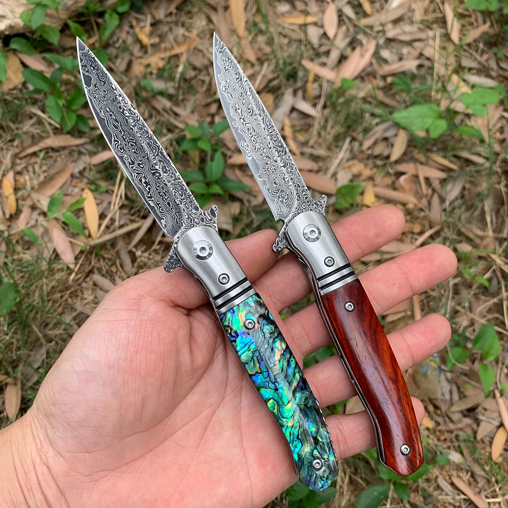 Hand Original Damascus steel Folding Knife wood Handle Ball Bearing EDC Portable Camping Pocket knife Professional 