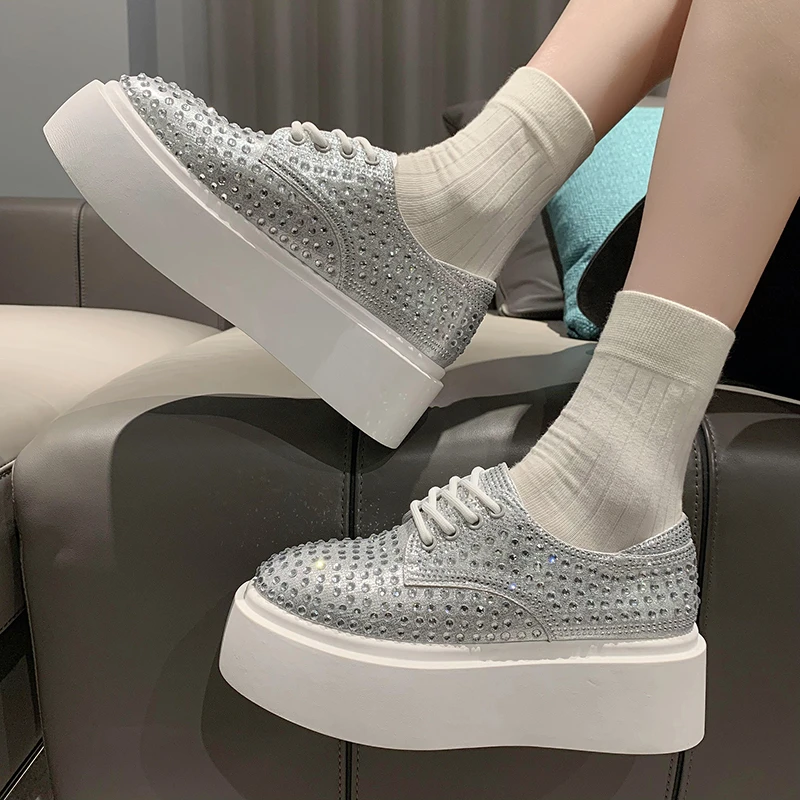 2024 Hot Sale Ladies Shoes Lace-up Women's Vulcanize Shoes Fashion Crystal Ladies Casual Shoes New Round Head Platform Sneakers