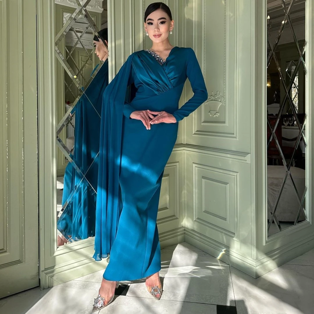 Blueribbon-vestidos de noche con cuello en V y cuentas para mujer, ropa de Arabia Saudita, vestido de graduación de manga larga hasta el tobillo, vestidos de fiesta de cumpleaños