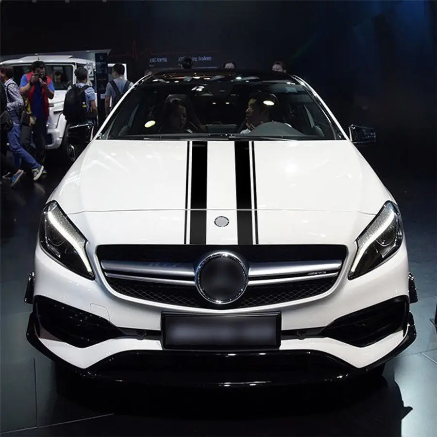 Black Vinyl Hood Stripe Decal Kit 2-Piece for Mercedes-Benz A-Class C-Class CLA GLA GLC Class Bonnet Sticker Bar Graph Layout
