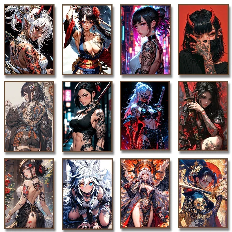 Sexy Beauty Anime Tattoo Girl Canvas Painting Wall Art Japanese Geisha Poster Prints Poster for Living Room Home Decor Framel