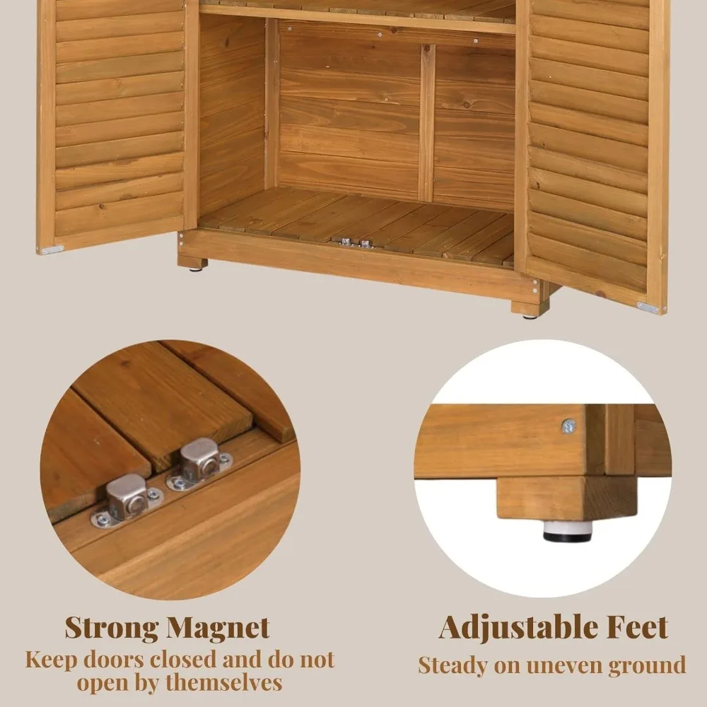 63-calowy drewniany szafa do przechowywania na zewnątrz zamykana na klucz, 3 regulowane półki, wodoodporne dachy na narzędzia ogrodowe