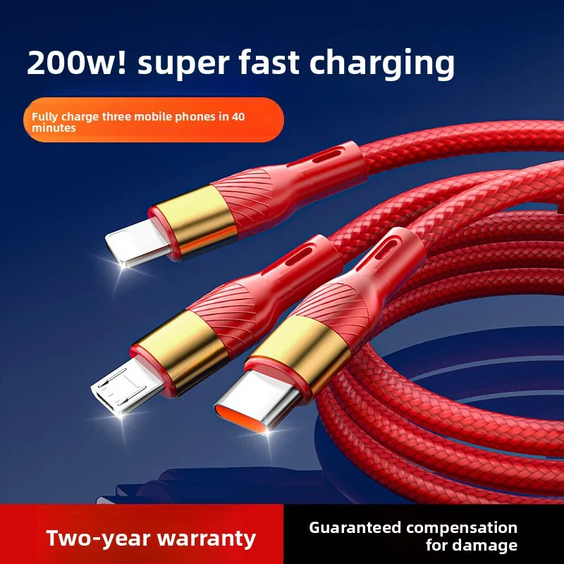 200W 초고속 충전 데이터 케이블, 3-in-1 충전 케이블 (1-to-3), 아이폰 17, 화웨이, 오포, 아너 호환