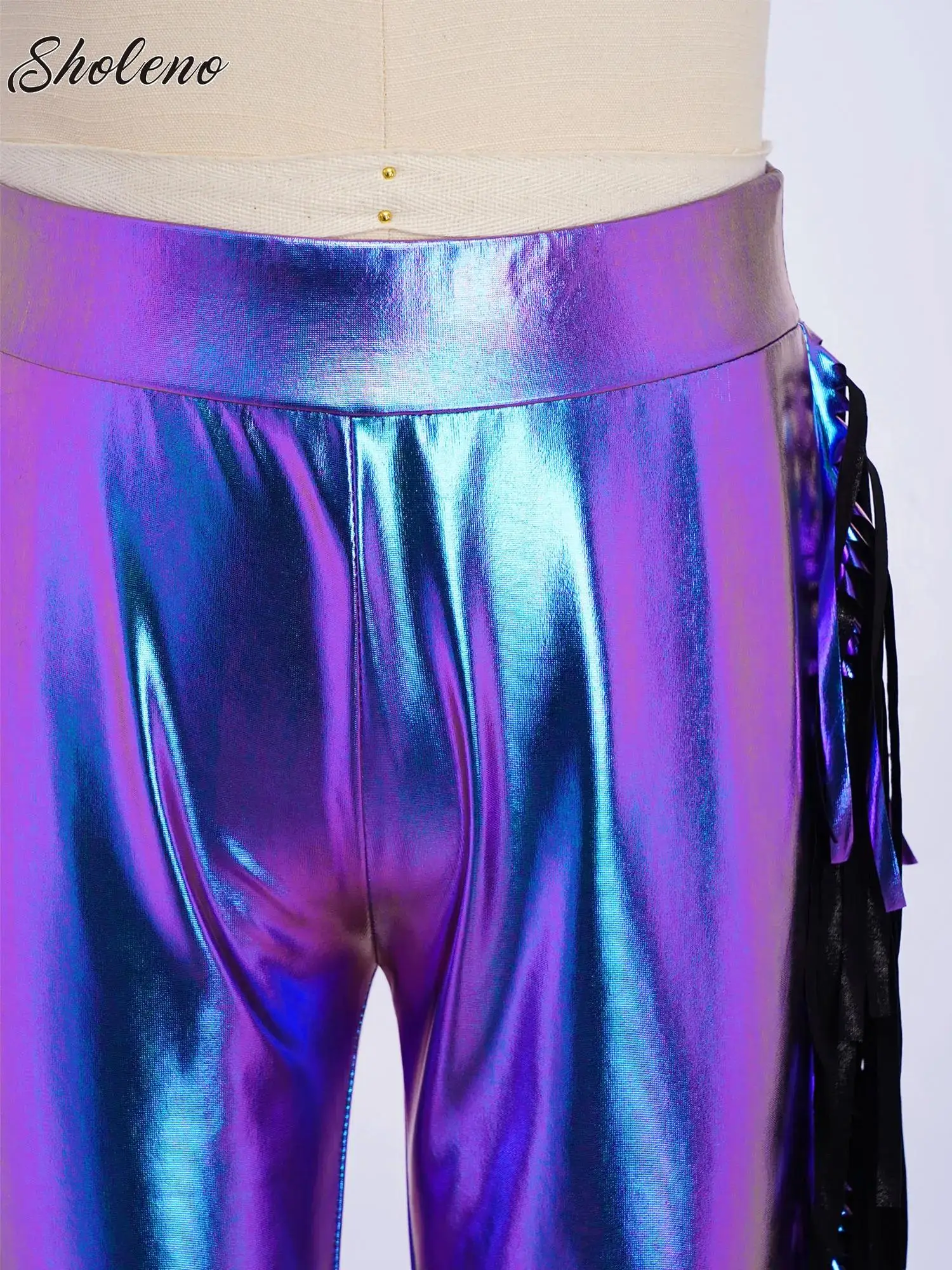 

Kids Flare Pants Girls Hip Hop Jazz Disco Dance Party Costume Top Performance Dancewear Tassels Metallic Bell-Bottom Trousers