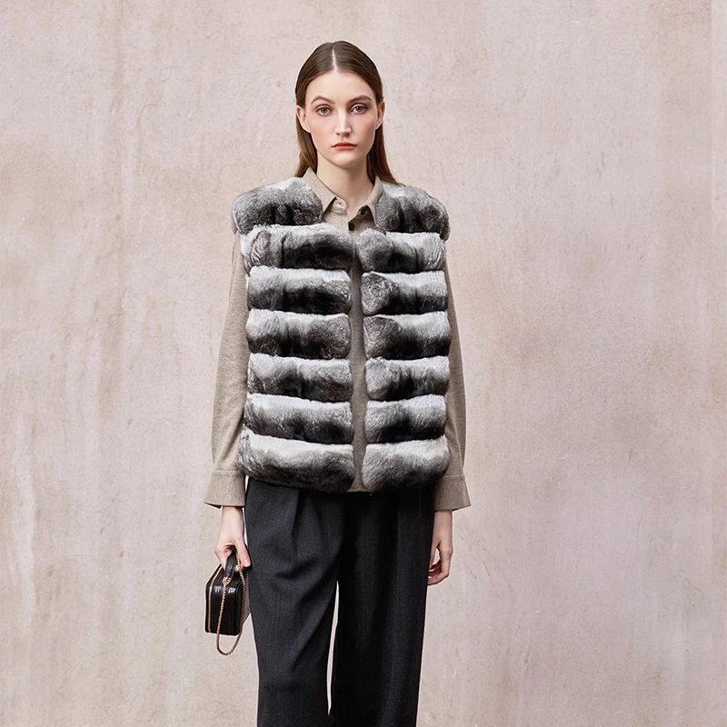 เสื้อกั๊กขนชินชิลล่าสีฟ้าเขียว นำเข้าจากต่างประเทศ สำหรับฤดูหนาว คอทรงโอ แขนกุด สำหรับผู้หญิง คุณภาพสูง สีธรรมชาติ