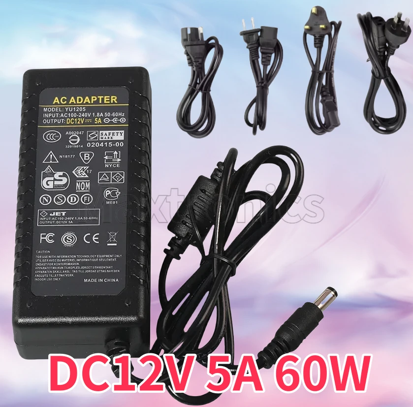 

DC12V 5A 60W Adapter Power Supply Universal US/EU/AU/UK Plug AC 110~240V for LED Strip Lights Laptop CCTV Electronic Product