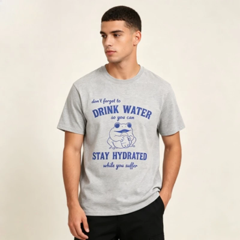 Men Casual Cotton T Shirt Don't Forget To Drink Water Stay Hydrated Retro Frog Print Streetwear Mens Summer Top